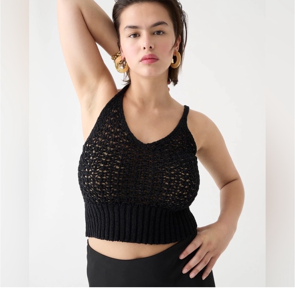 🛍️ JCREW NEW! Cropped V-Neck Sweater Tank in Textured Pointelle Black SzL Br545